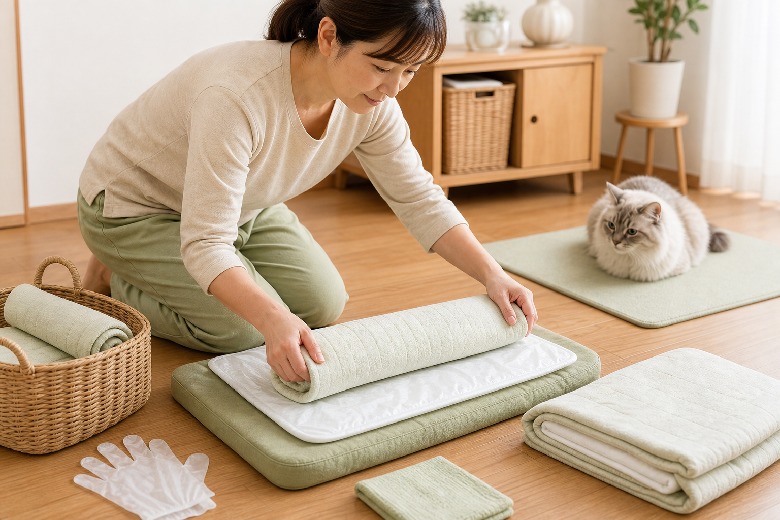 飼い主がシニア猫のそばで寝床の上の布を丸め、下の防水シーツを残して交換している様子