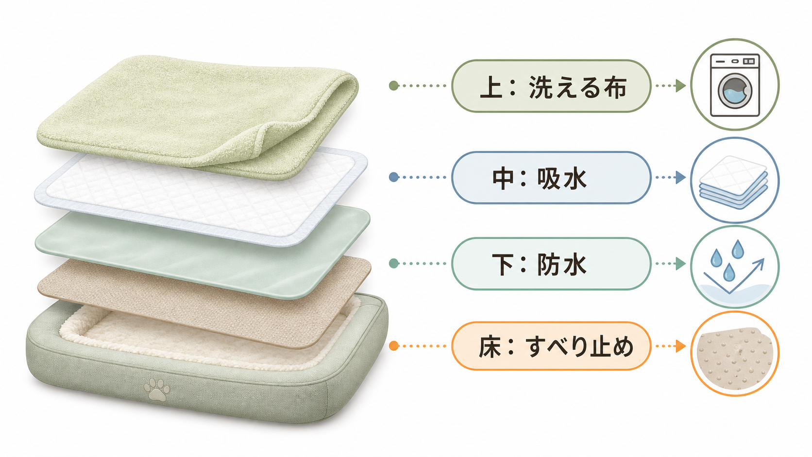 寝床の上から洗える布、吸水、防水、すべり止めを重ねたレイヤー図
