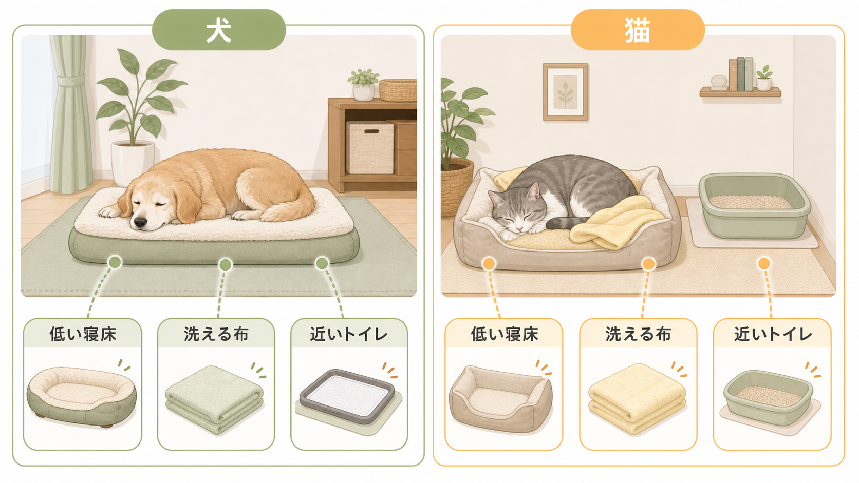 犬と猫の寝床まわりを比較し、低い寝床、近いトイレ、洗える布を示した図解