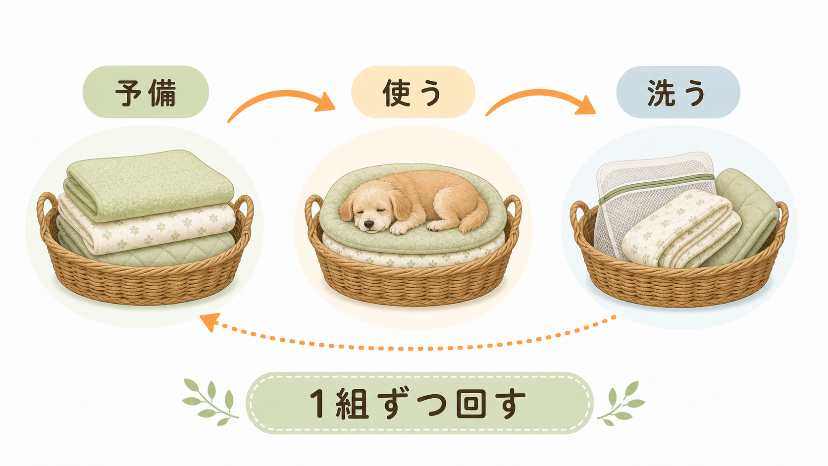予備、使う、洗うの3つのかごで寝床セットを1組ずつ回す図解