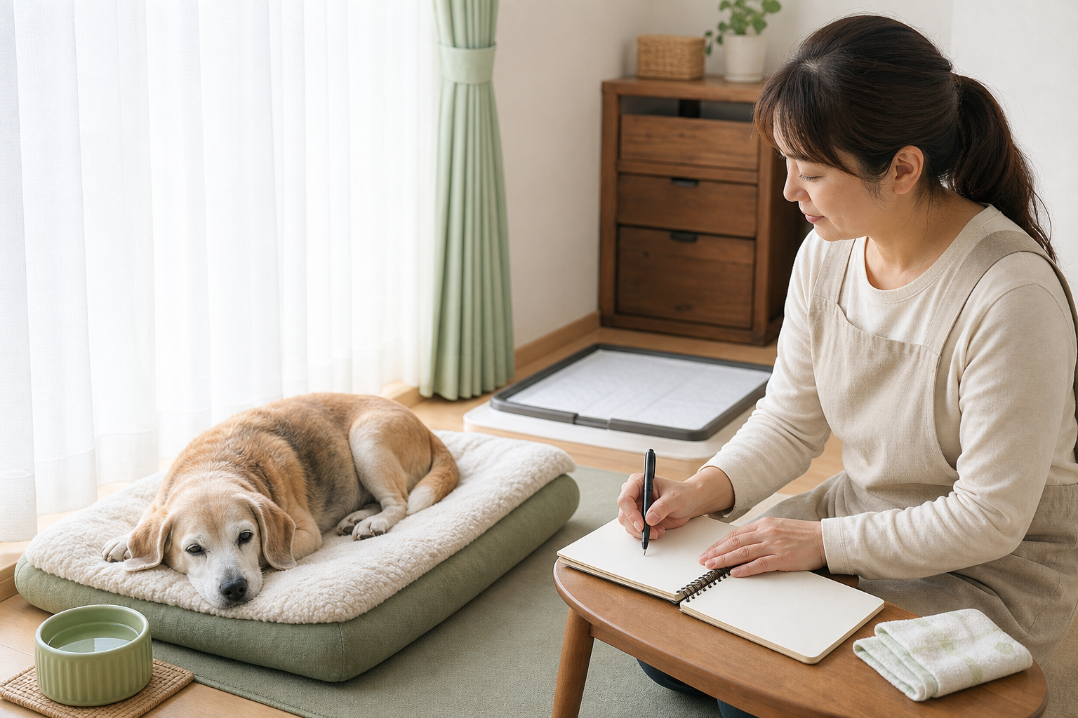 朝のリビングでシニア犬が低い寝床で休み、飼い主が介護メモを書いている様子