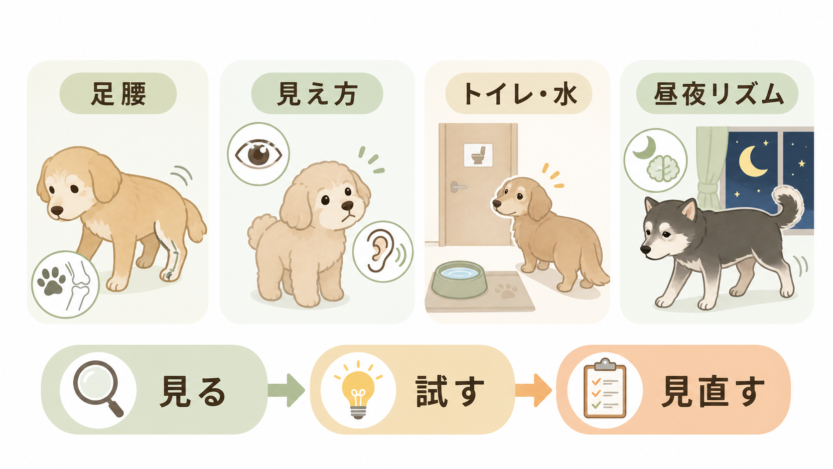 足腰、見え方、トイレと水、昼夜リズムの理由候補を分け、見る、試す、見直す流れを示したスライド画像