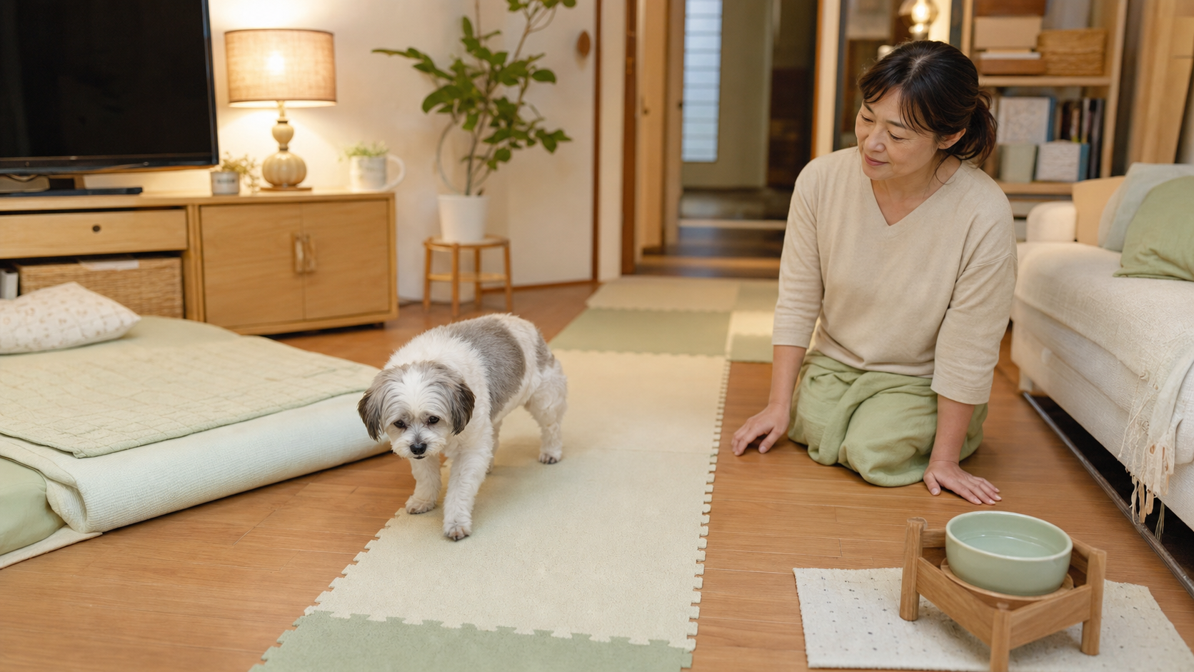 夜のリビングでシニア犬が滑りにくいマットの上を歩き、飼い主がそばで見守っている様子