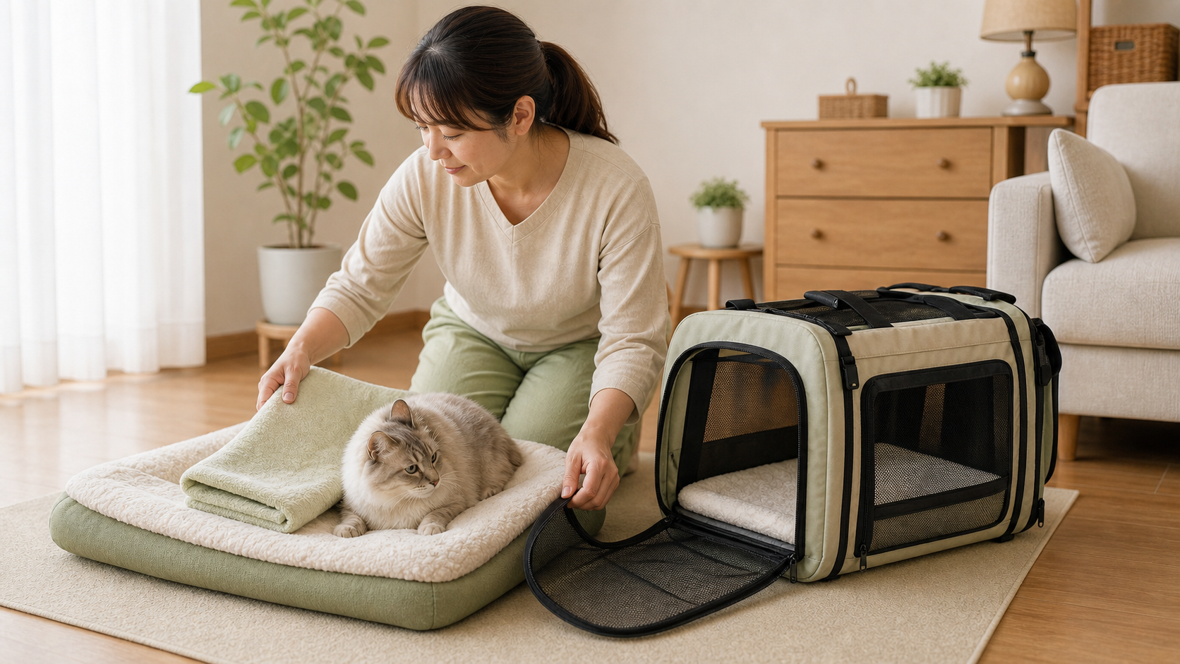 低い猫ベッドの横にキャリーを近づけ、飼い主がタオルをそばに置いてシニア猫の短い移動を準備している様子