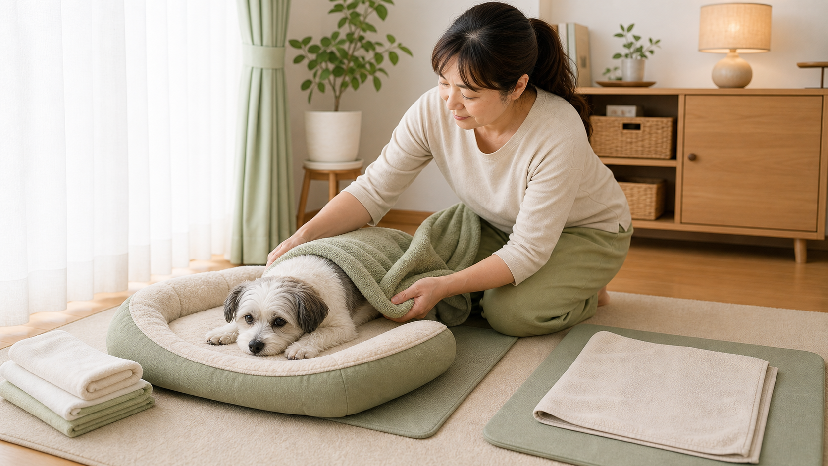 飼い主が低い寝床でシニア犬の体をタオルで低く支え、近くのマットへ移動する準備をしている様子