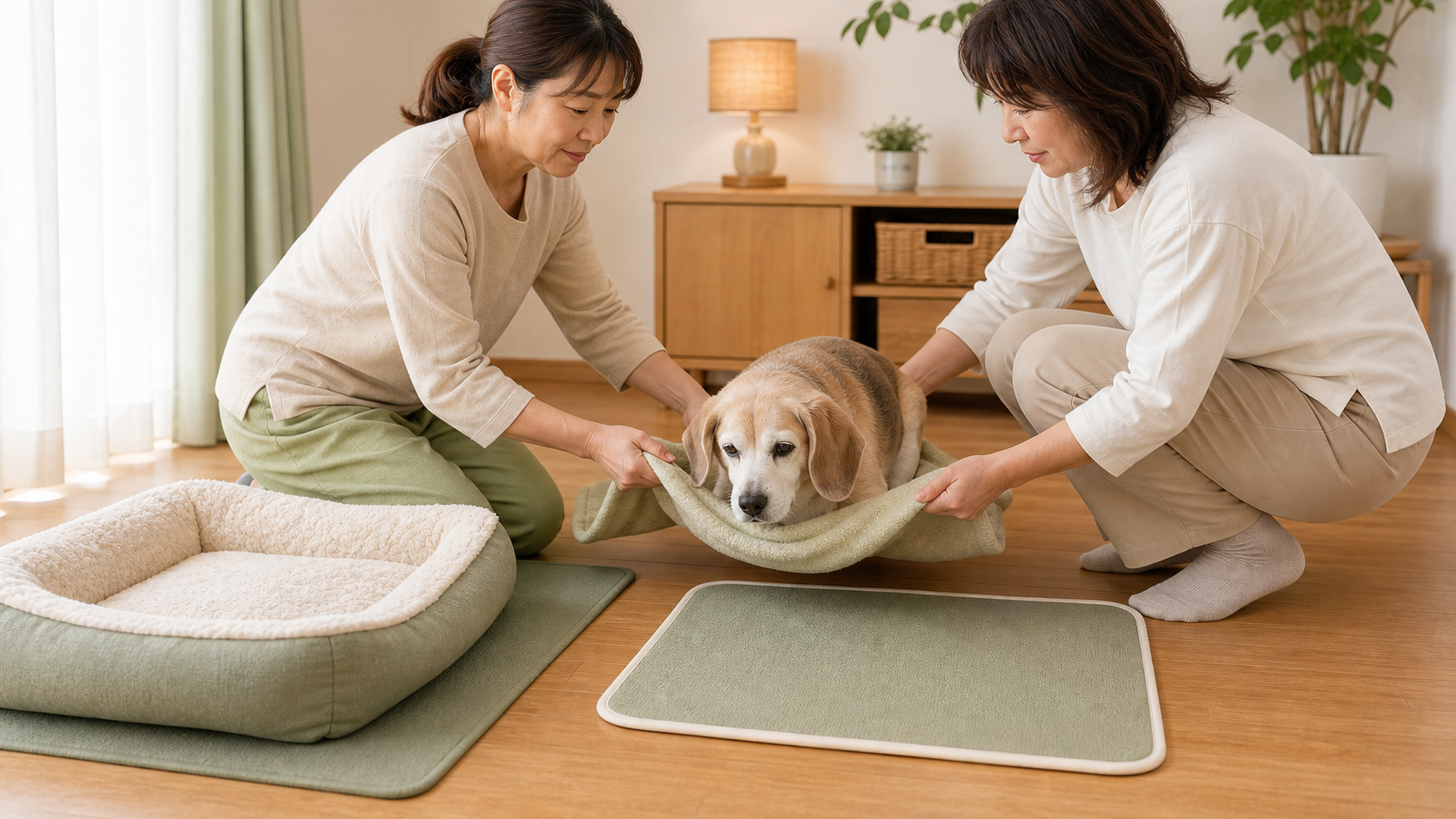二人の飼い主がシニア犬を幅広いタオルで低く支え、近くのマットへ短く移動している様子