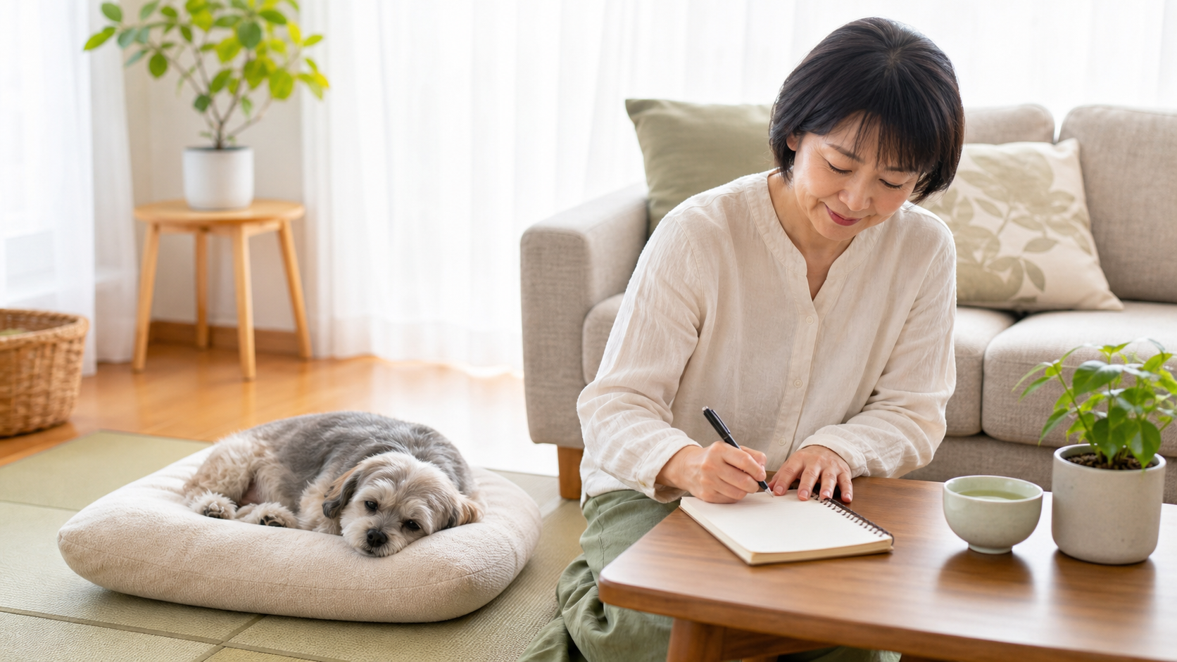 朝のリビングでシニア犬を休ませながら、飼い主が介護ノートを書く様子