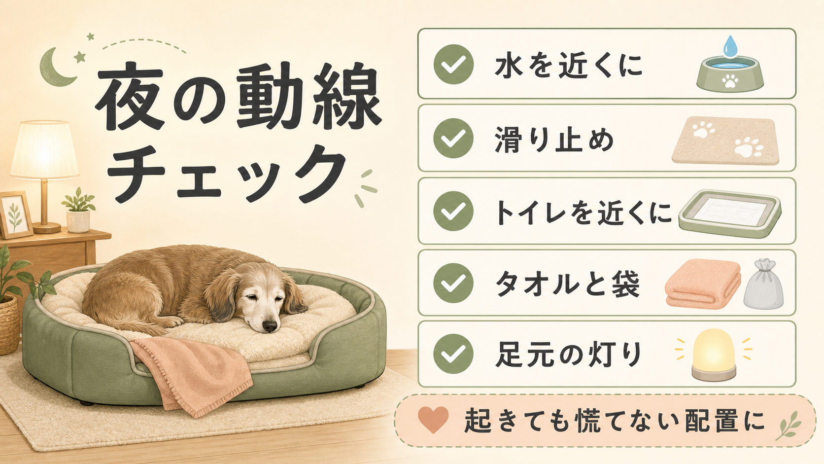 水、滑り止め、トイレ、タオルと袋、足元の灯りを夜の動線として整えるチェックリスト
