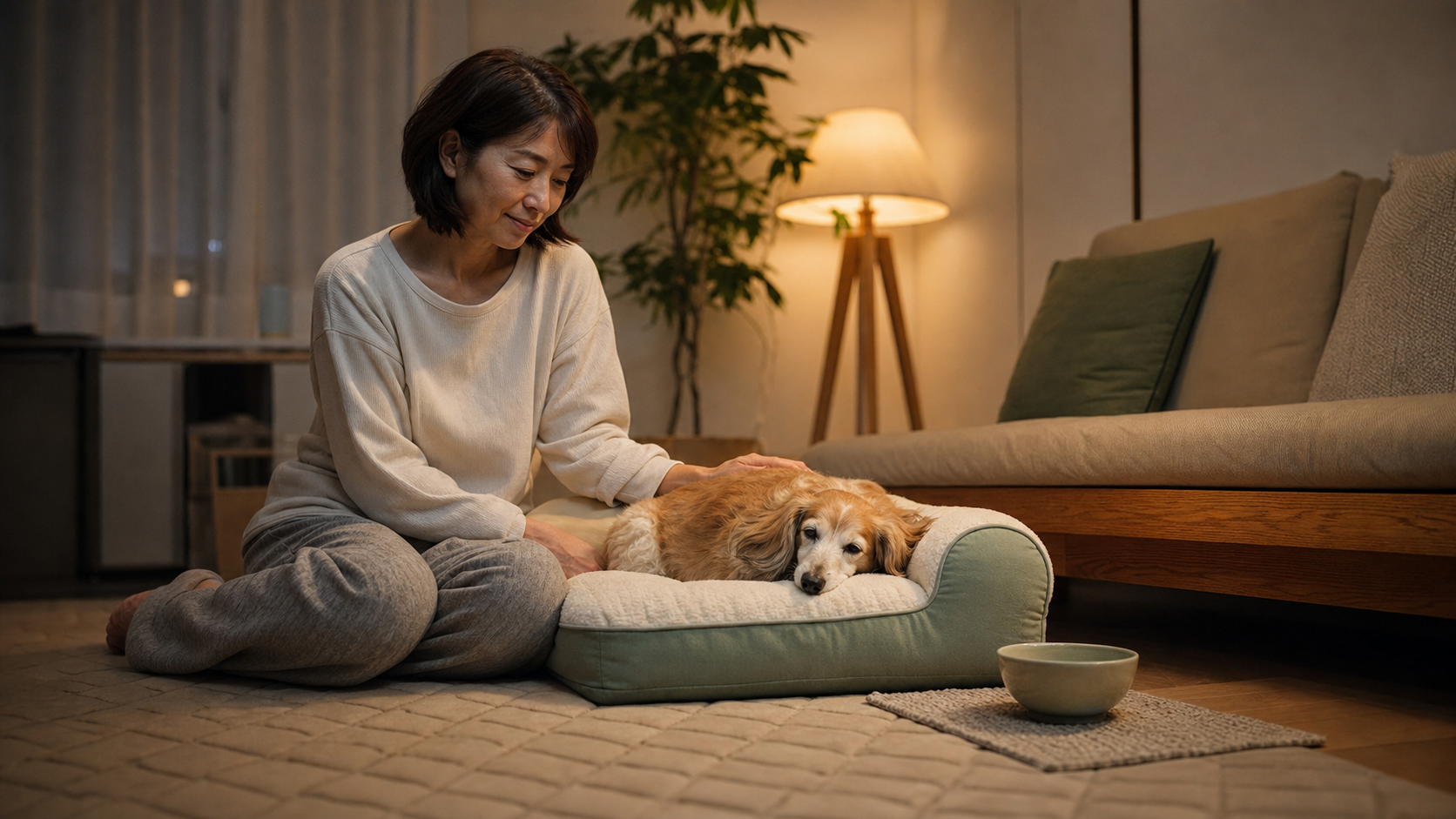 夜のリビングでシニア犬の寝床のそばに座り、飼い主が穏やかに見守っている様子