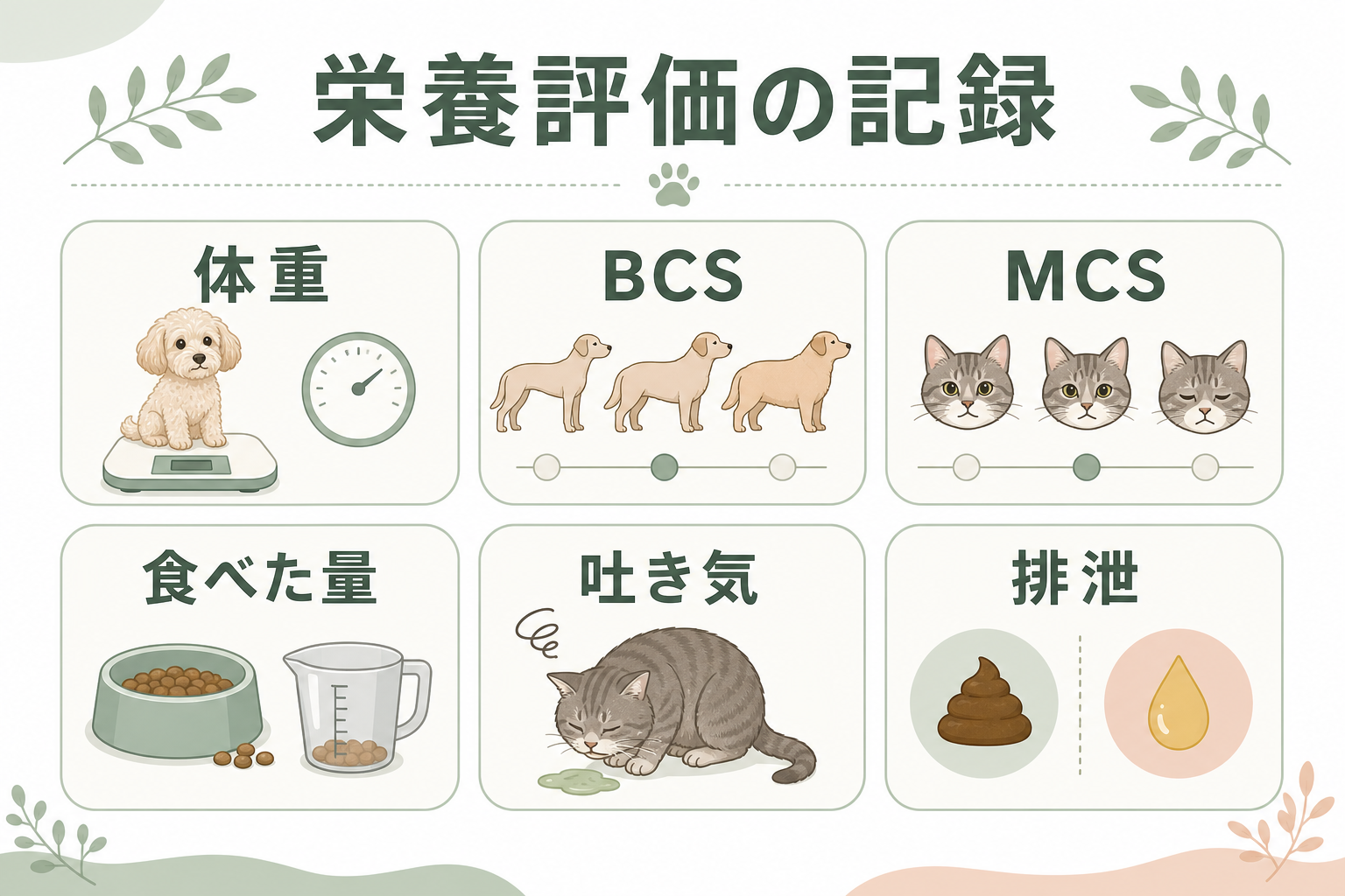体重、BCS、MCS、食べた量、吐き気、排泄など、栄養評価で残したい項目を整理した図表