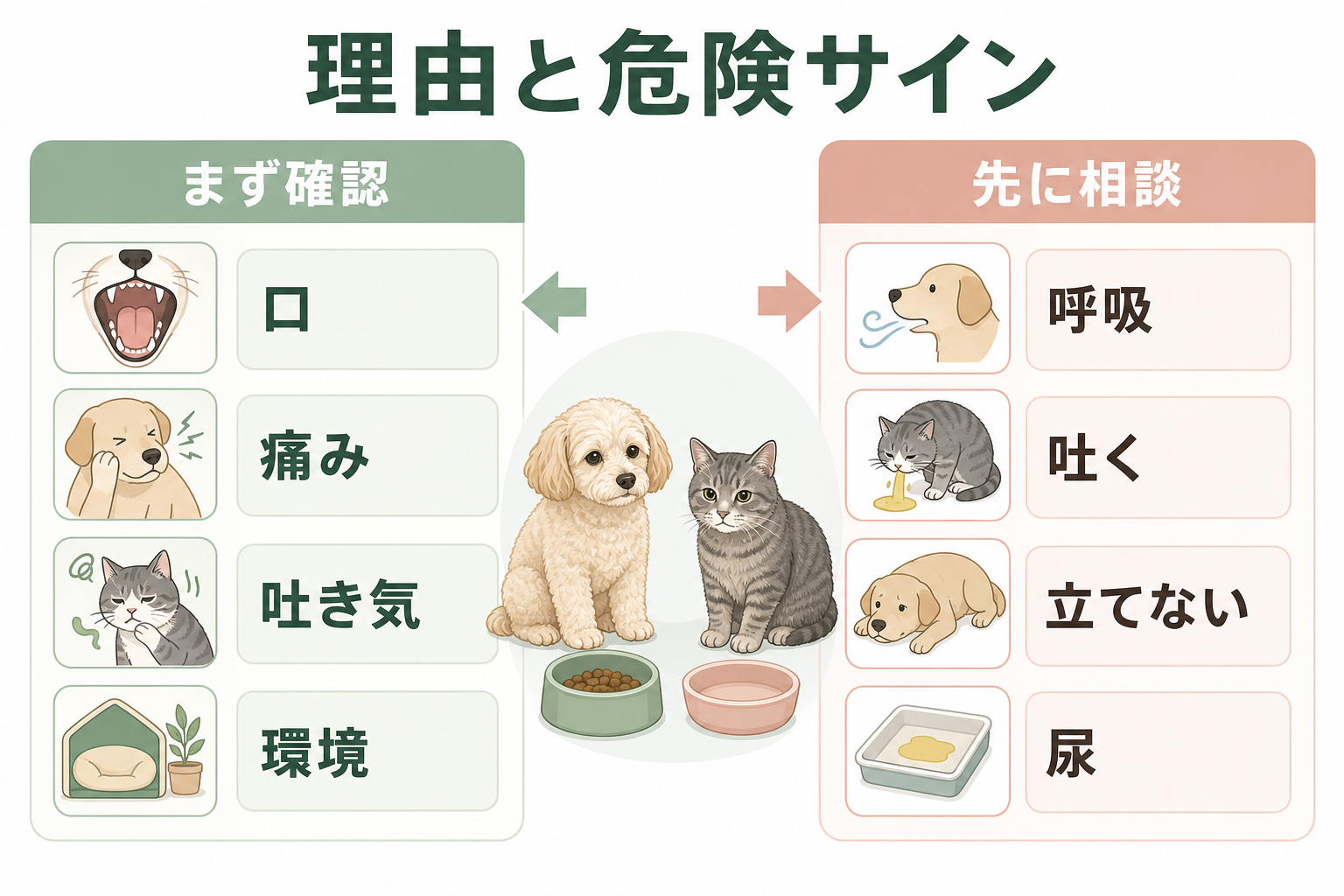 食べない理由と危険サインを、まず確認することと先に相談したいことに分けて整理した図表