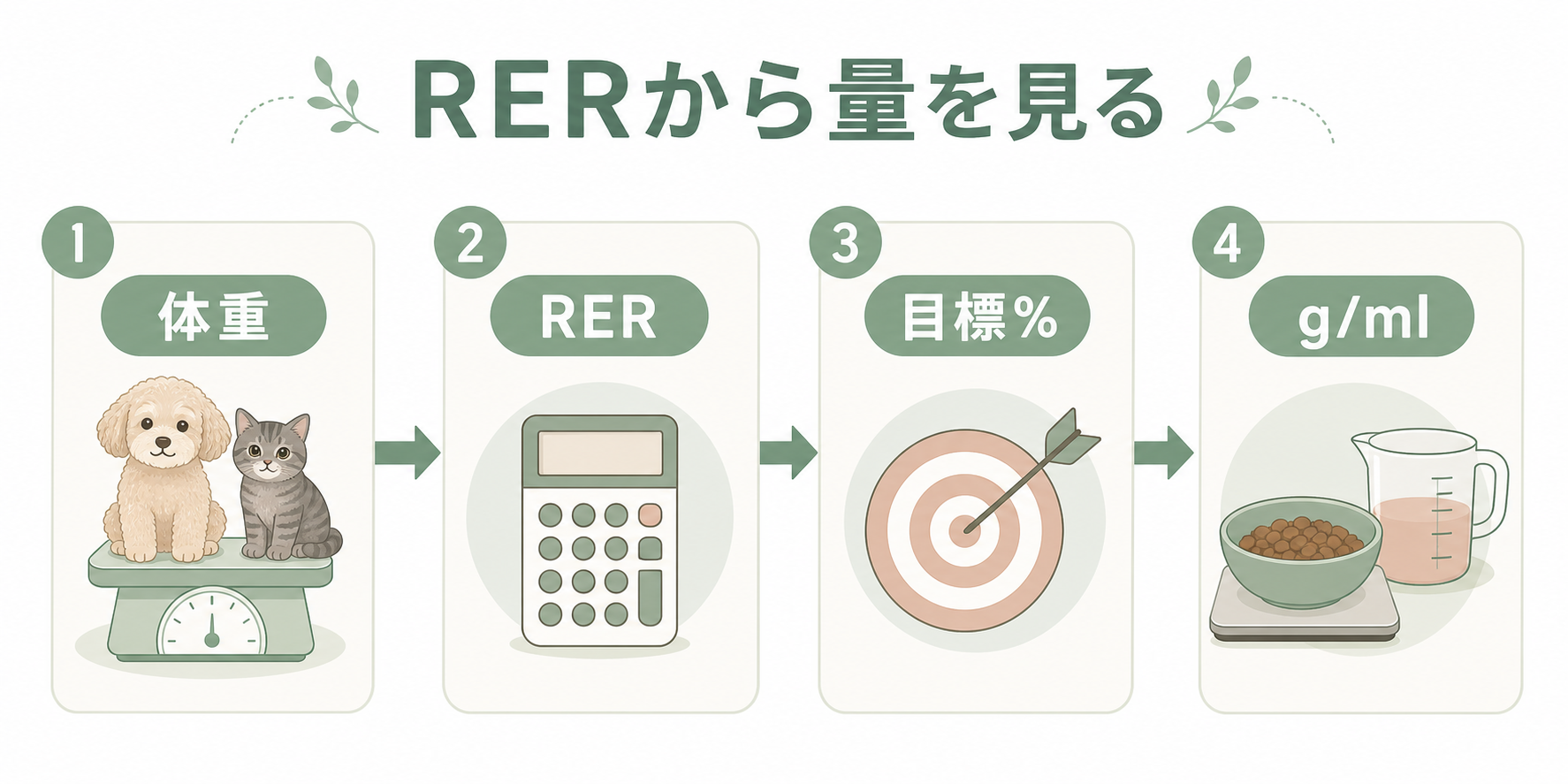 体重からRERを見て、目標割合を決め、gやmlへ落とし込む流れを示した図表